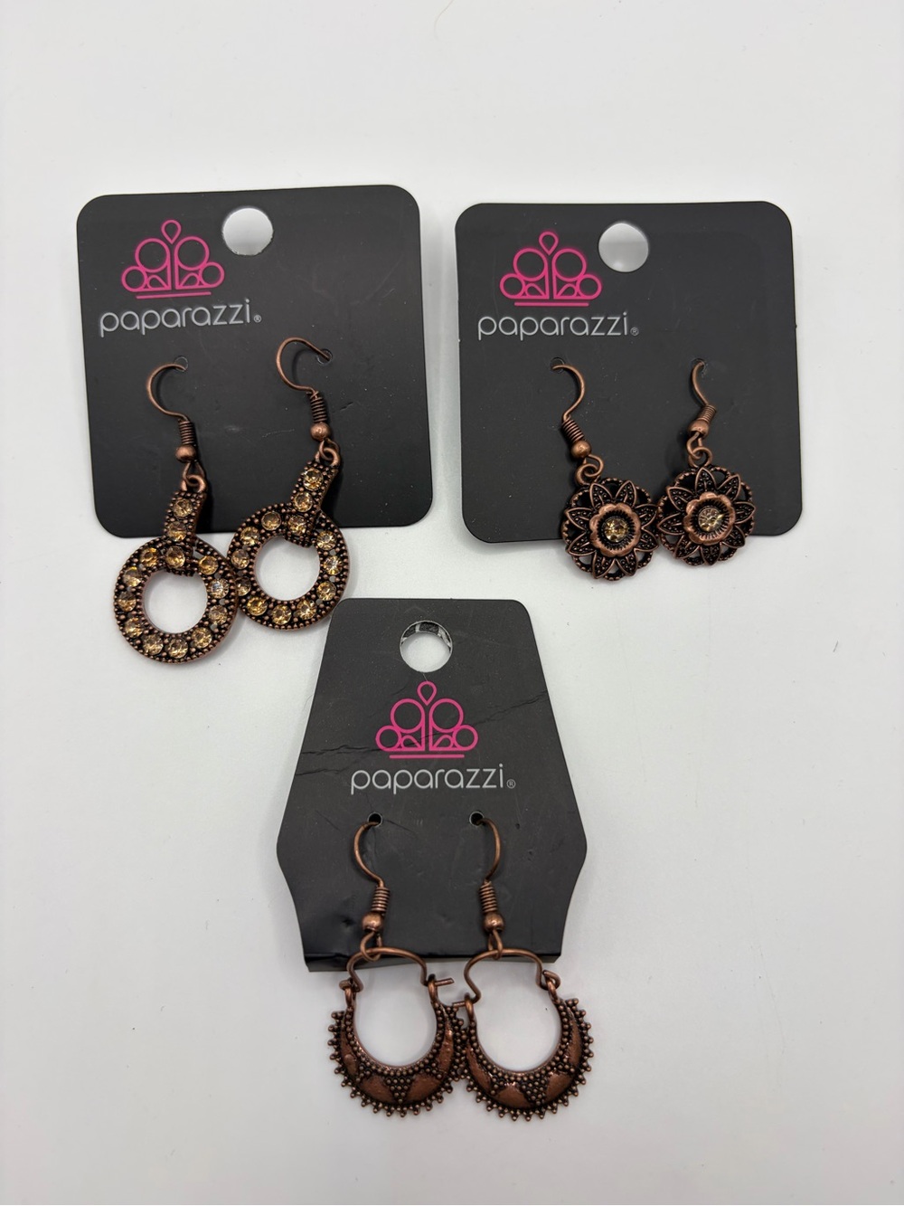 paparazzi Copper-Tone Earrings Trio with Pink Crystal Accents